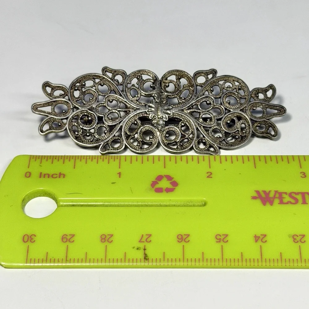 Antique Art Nouveau Filigree Brooch Silver Tone Ornate Open Scroll C Clasp 3